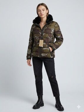 Burberry Totsdale Shearling Trim and Leather Lined Camo Puffer Jacket